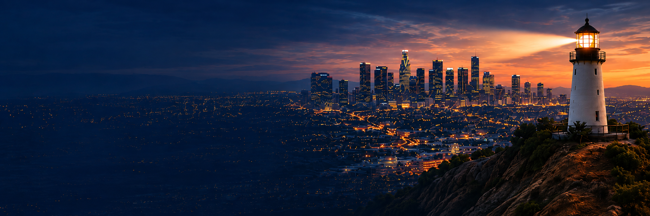 A lighthouse overlooking downtown Los Angeles at dusk, its beam sweeping across the city